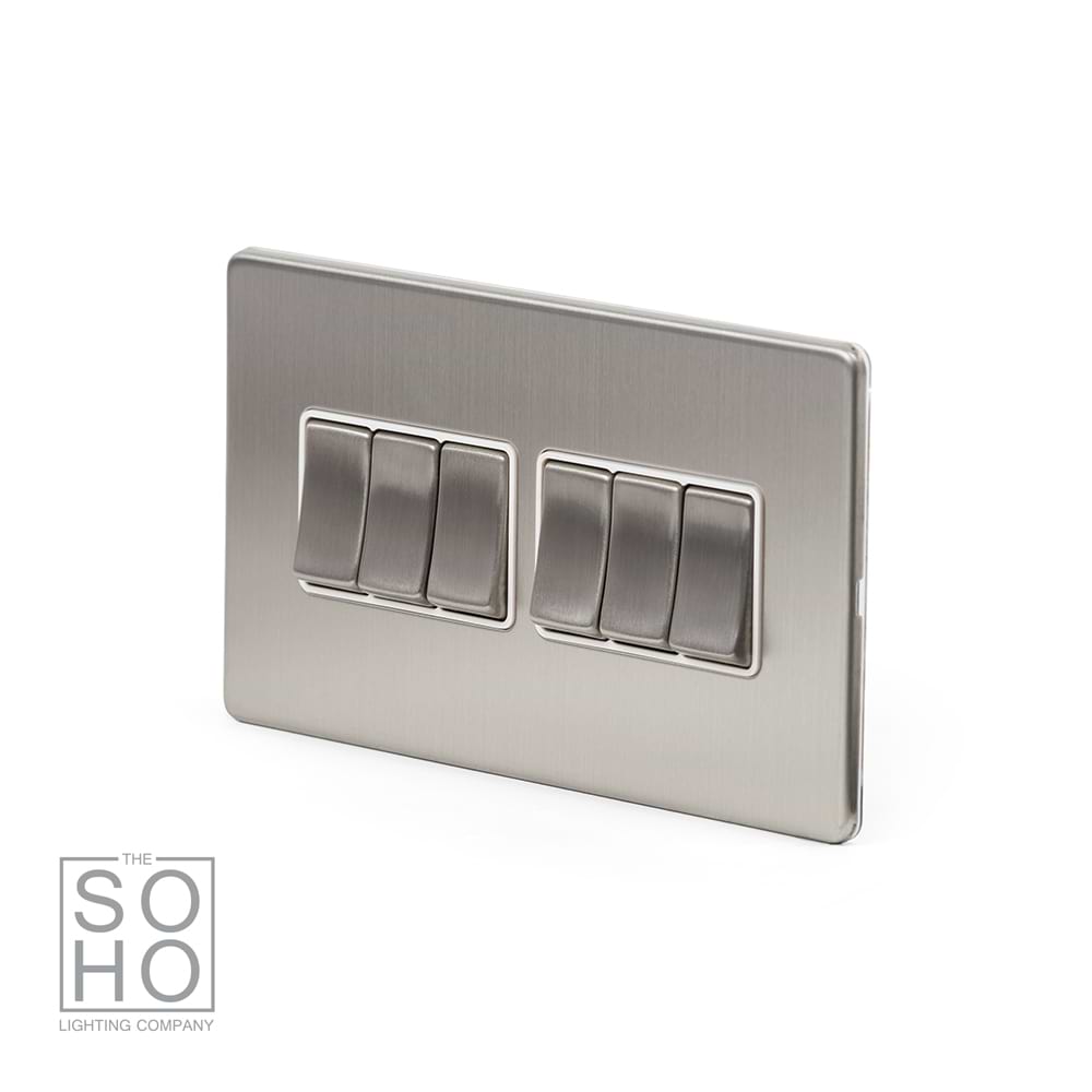 The Lombard Collection Brushed Chrome 6 Gang 2 Way 10A Light Switch Wht Ins Screwless