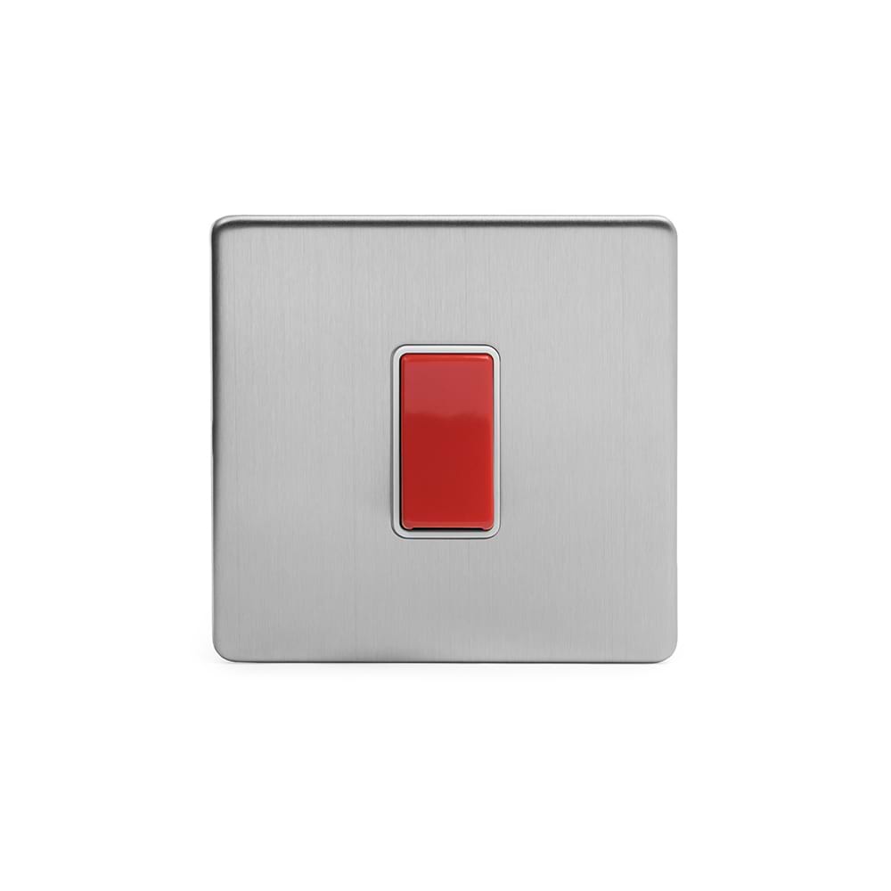 The Lombard Collection Brushed Chrome 45A 1 Gang Double Pole Switch Single Plate Wht Ins Screwless