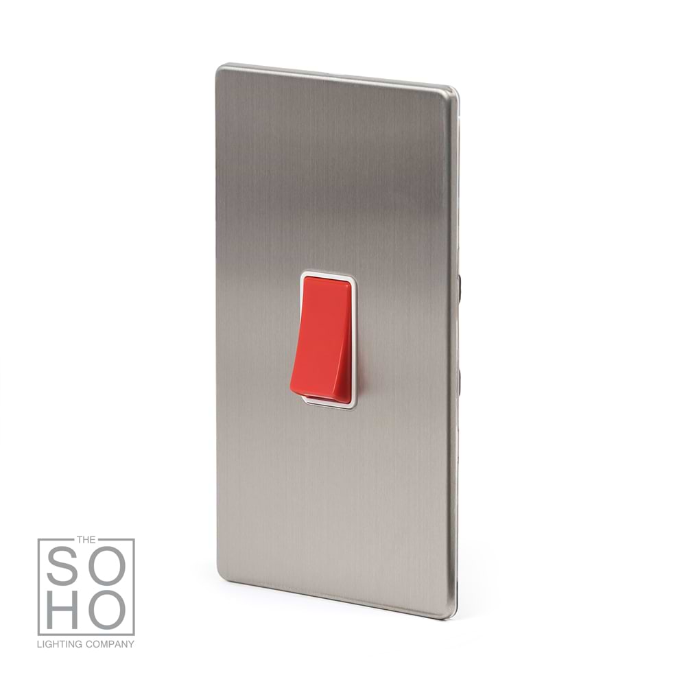 The Lombard Collection Brushed Chrome 45A 1 Gang Double Pole Switch Double Plate Wht Ins Screwless