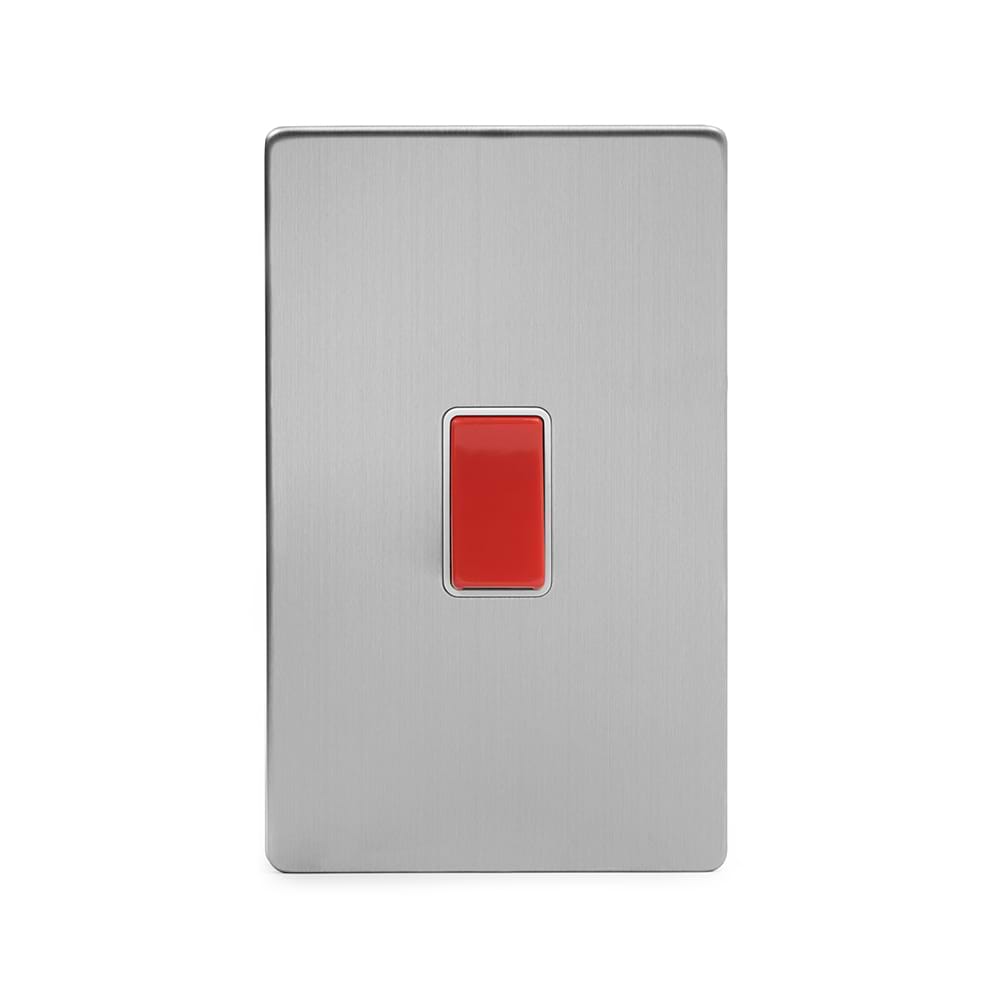The Lombard Collection Brushed Chrome 45A 1 Gang Double Pole Switch Double Plate Wht Ins Screwless