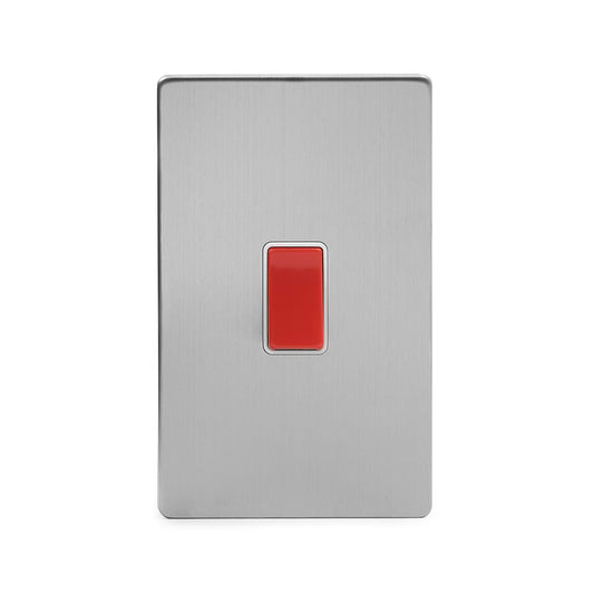 The Lombard Collection Brushed Chrome 45A 1 Gang Double Pole Switch Double Plate Wht Ins Screwless