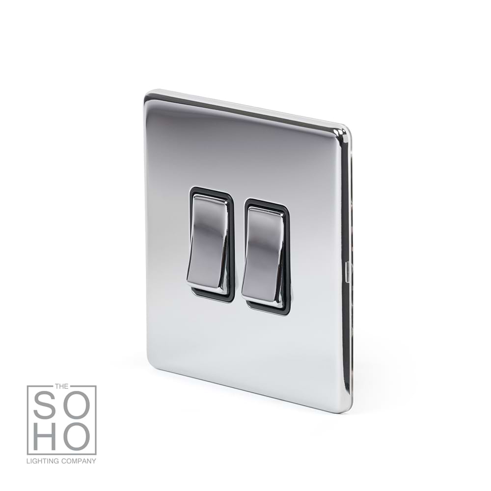 The Finsbury Collection Polished Chrome 2 Gang 2 Way 10A Light Switch Blk Ins Screwless