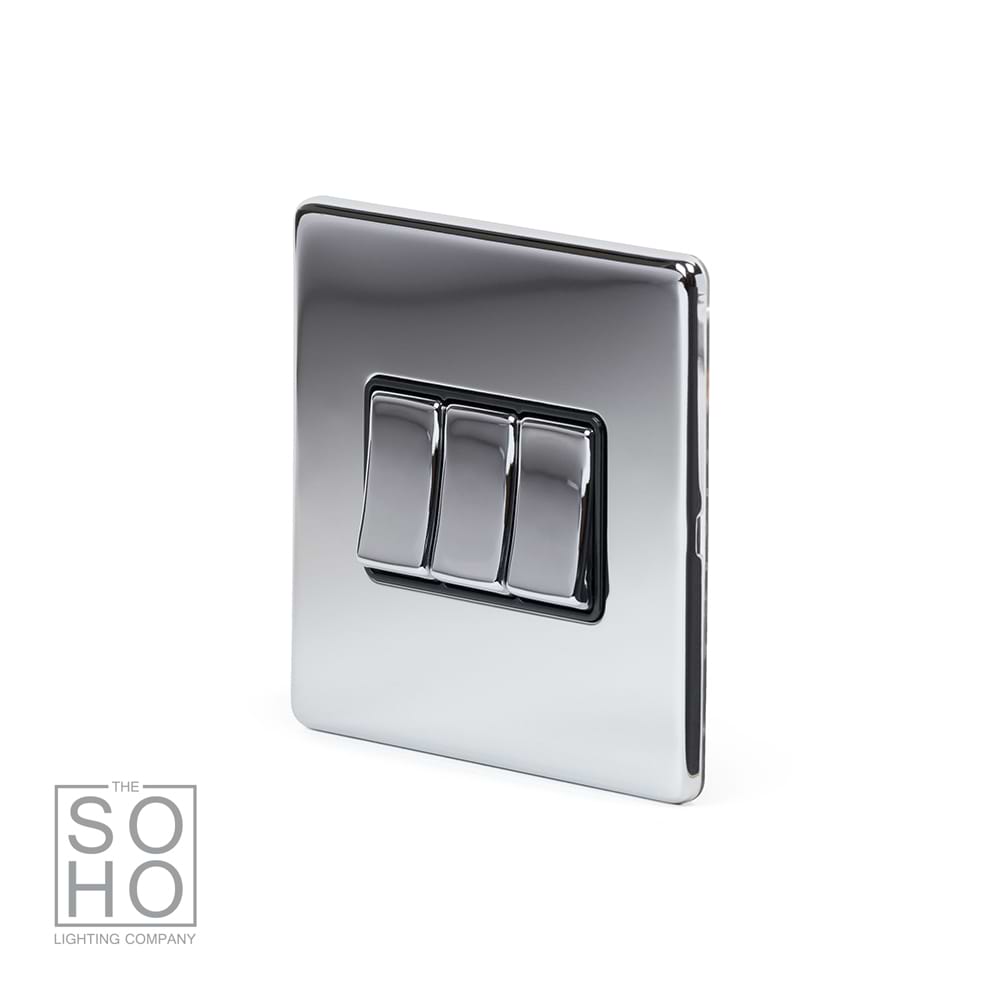 The Finsbury Collection Polished Chrome 3 Gang 2 Way 10A Light Switch Blk Ins Screwless