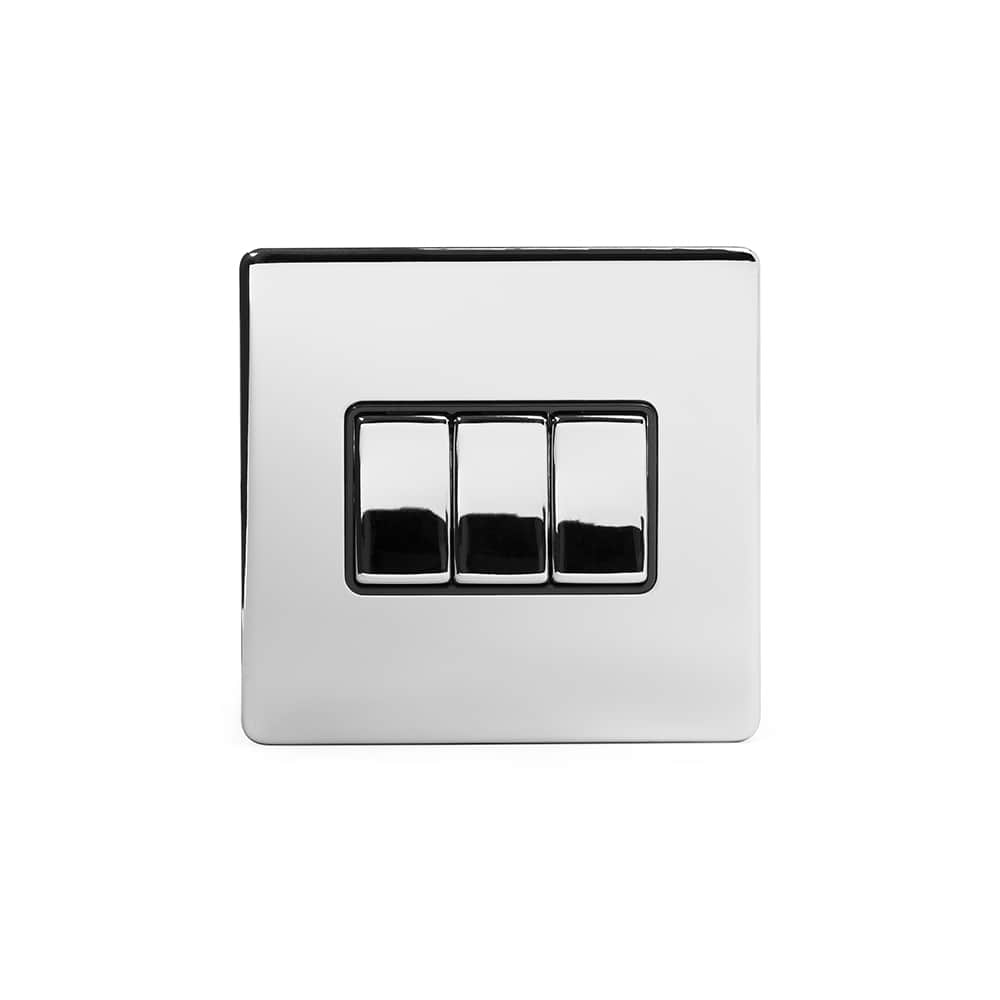 The Finsbury Collection Polished Chrome 3 Gang 2 Way 10A Light Switch Blk Ins Screwless