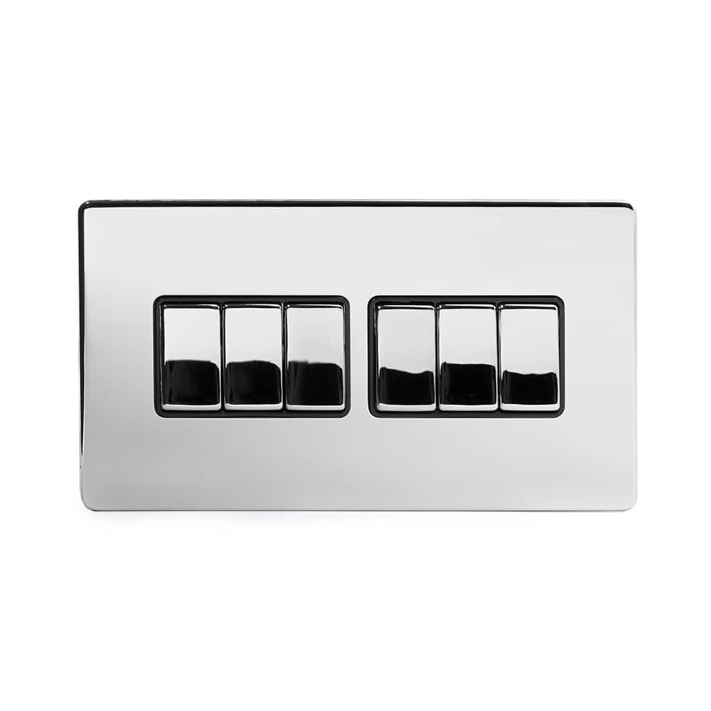 The Finsbury Collection Polished Chrome 6 Gang 2 Way 10A Light Switch Blk Ins Screwless