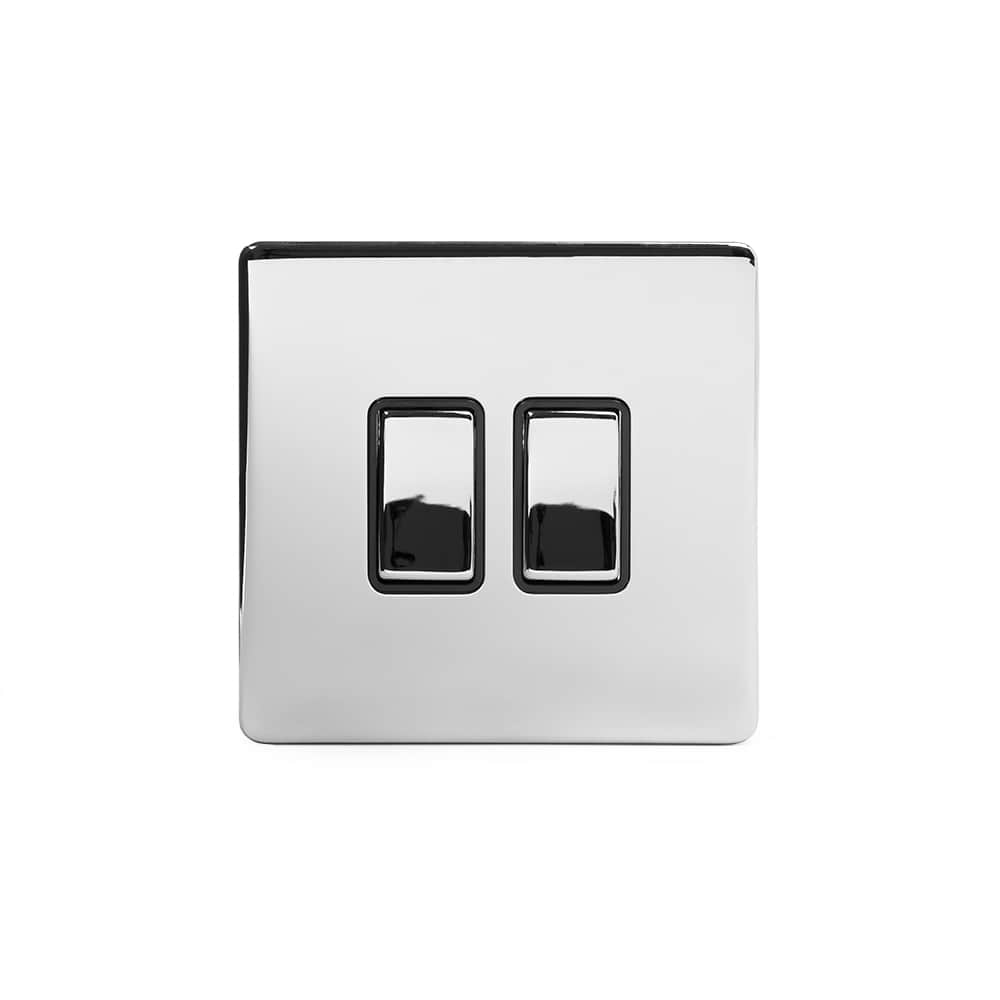 The Finsbury Collection Polished Chrome 2 Gang Intermediate Switch Black Ins 10A Screwless