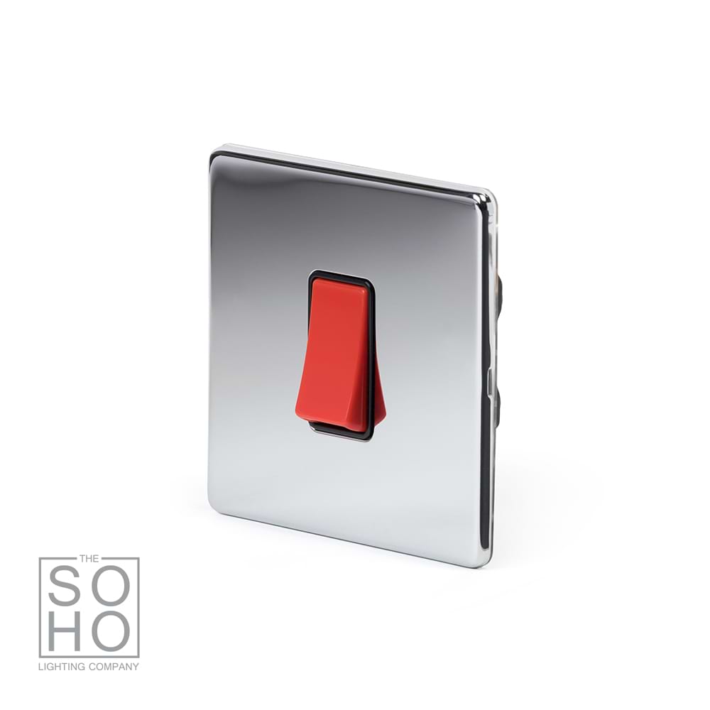 The Finsbury Collection Polished Chrome 45A 1 Gang Double Pole Switch Single Plate Blk Ins Screwless