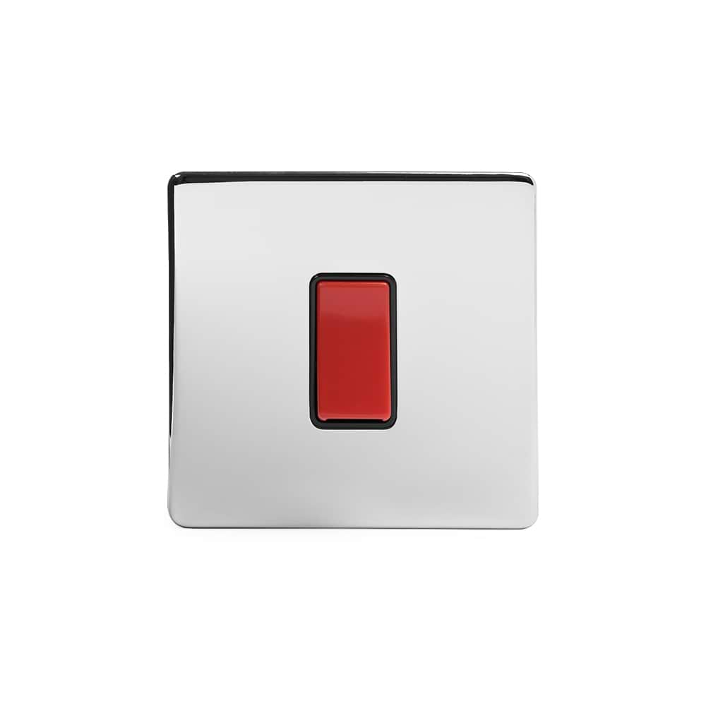 The Finsbury Collection Polished Chrome 45A 1 Gang Double Pole Switch Single Plate Blk Ins Screwless