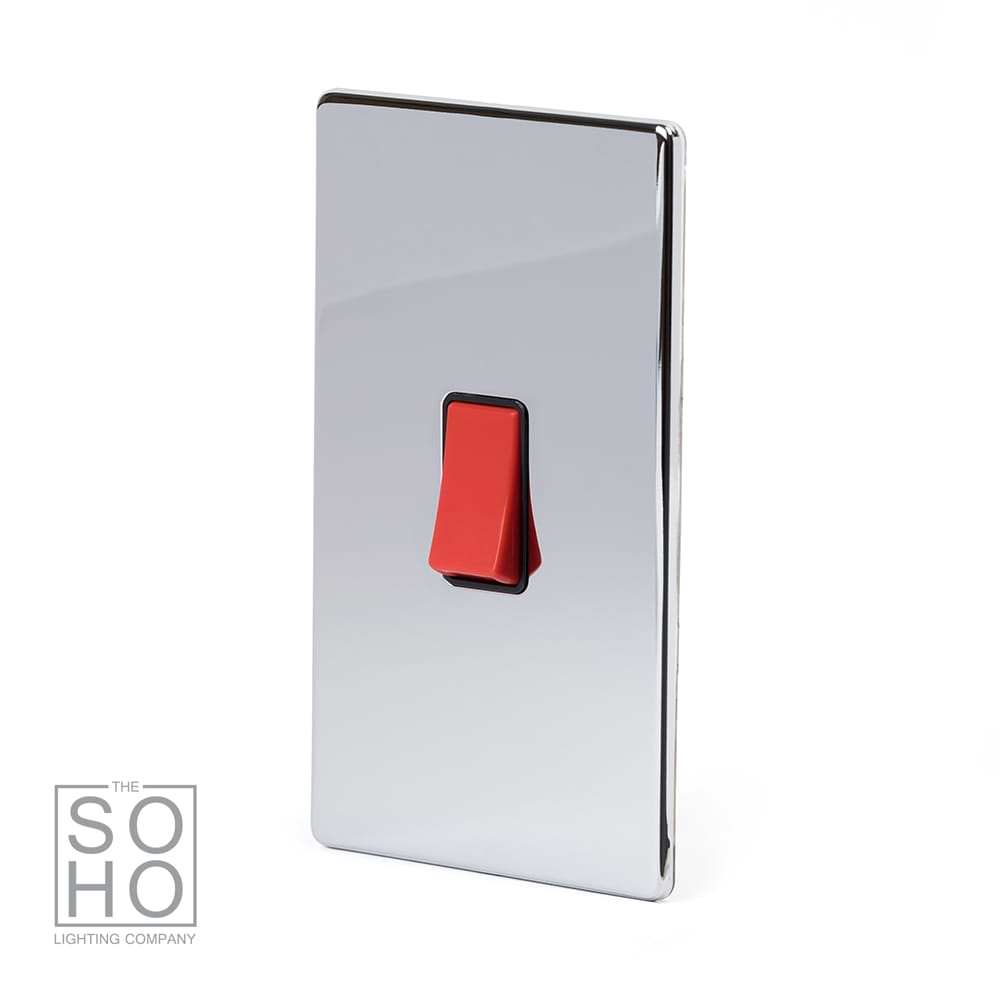 The Finsbury Collection Polished Chrome 45A 1 Gang Double Pole Switch Large Plate Blk Ins Screwless