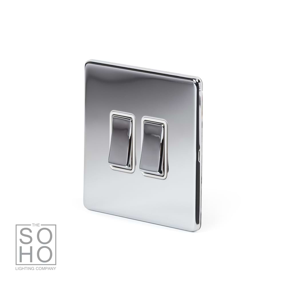 The Finsbury Collection Polished Chrome 2 Gang 2 Way 10A Light Switch Wht Ins Screwless