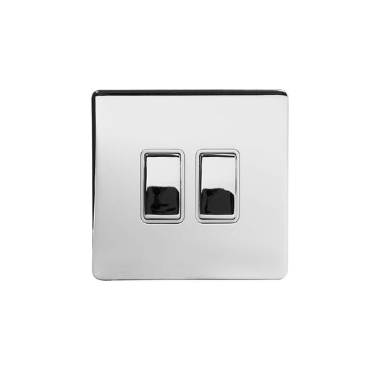 The Finsbury Collection Polished Chrome 2 Gang 2 Way 10A Light Switch Wht Ins Screwless