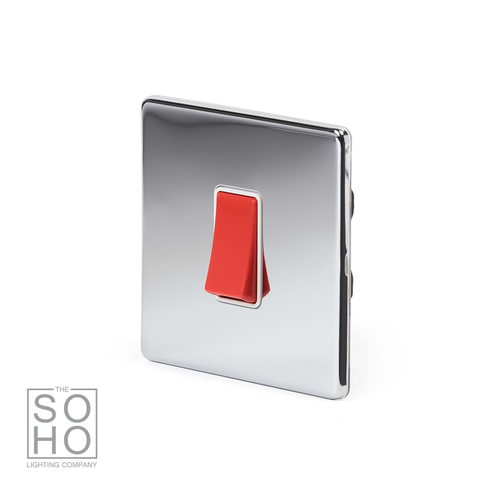 The Finsbury Collection Polished Chrome 45A 1 Gang Double Pole Switch Single Plate Wht Ins Screwless
