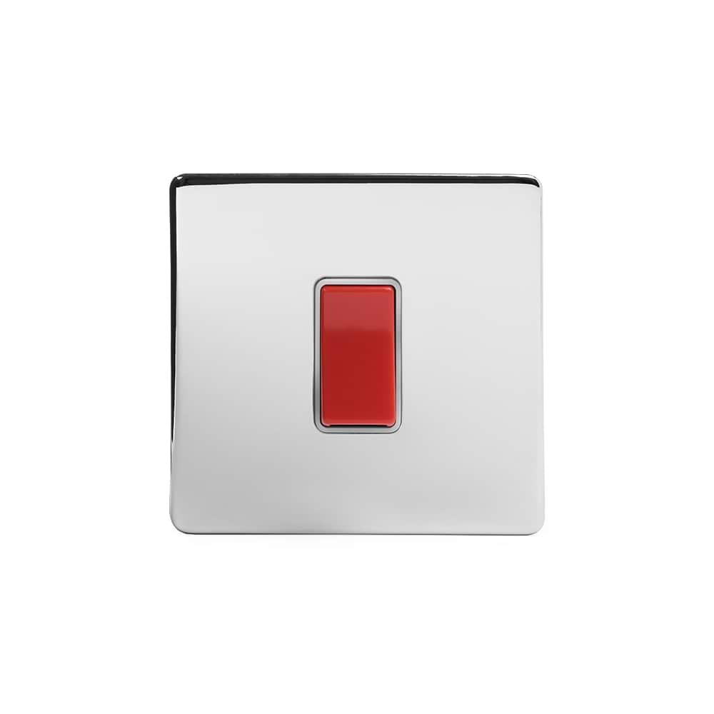 The Finsbury Collection Polished Chrome 45A 1 Gang Double Pole Switch Single Plate Wht Ins Screwless