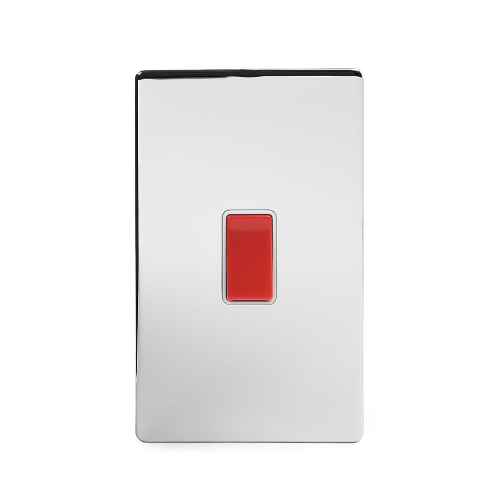 The Finsbury Collection Polished Chrome 45A 1 Gang Double Pole Switch Double Plate Wht Ins Screwless