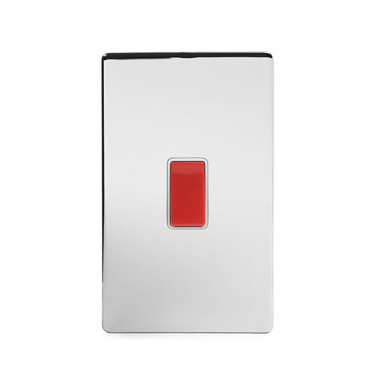 The Finsbury Collection Polished Chrome 45A 1 Gang Double Pole Switch Double Plate Wht Ins Screwless