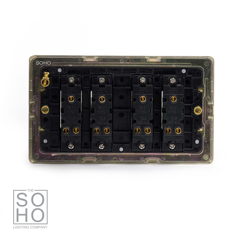 The Savoy Collection Brushed Brass 4 Gang 2 Way 10A Light Switch Blk Ins Screwless
