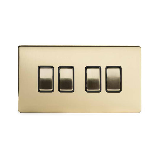 The Savoy Collection Brushed Brass 4 Gang 2 Way 10A Light Switch Blk Ins Screwless
