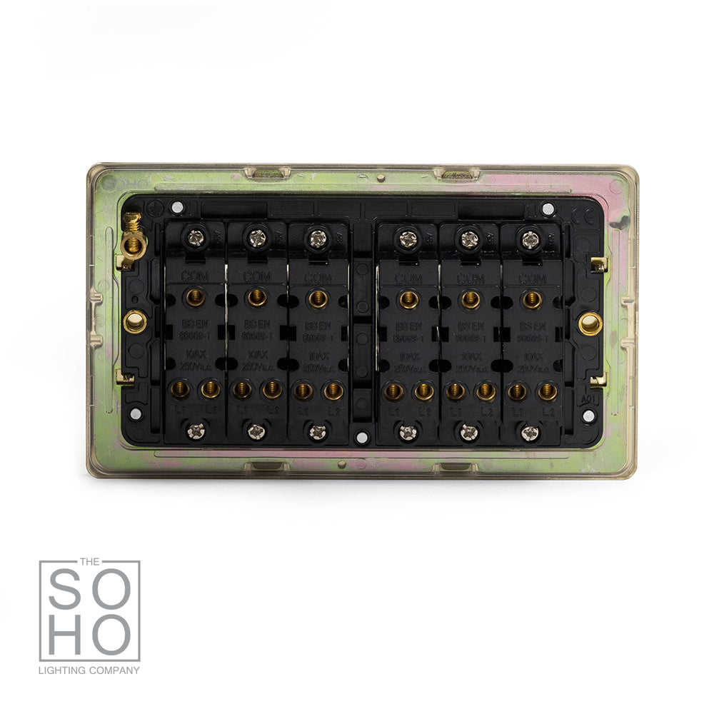 The Savoy Collection Brushed Brass 6 Gang 2 Way 10A Light Switch Blk Ins Screwless