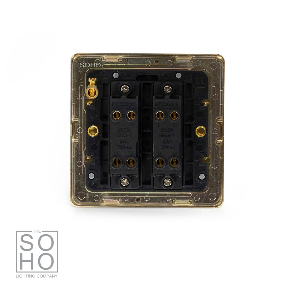 The Savoy Collection Brushed Brass 2 Gang Intermediate Switch Black Ins 10A Screwless