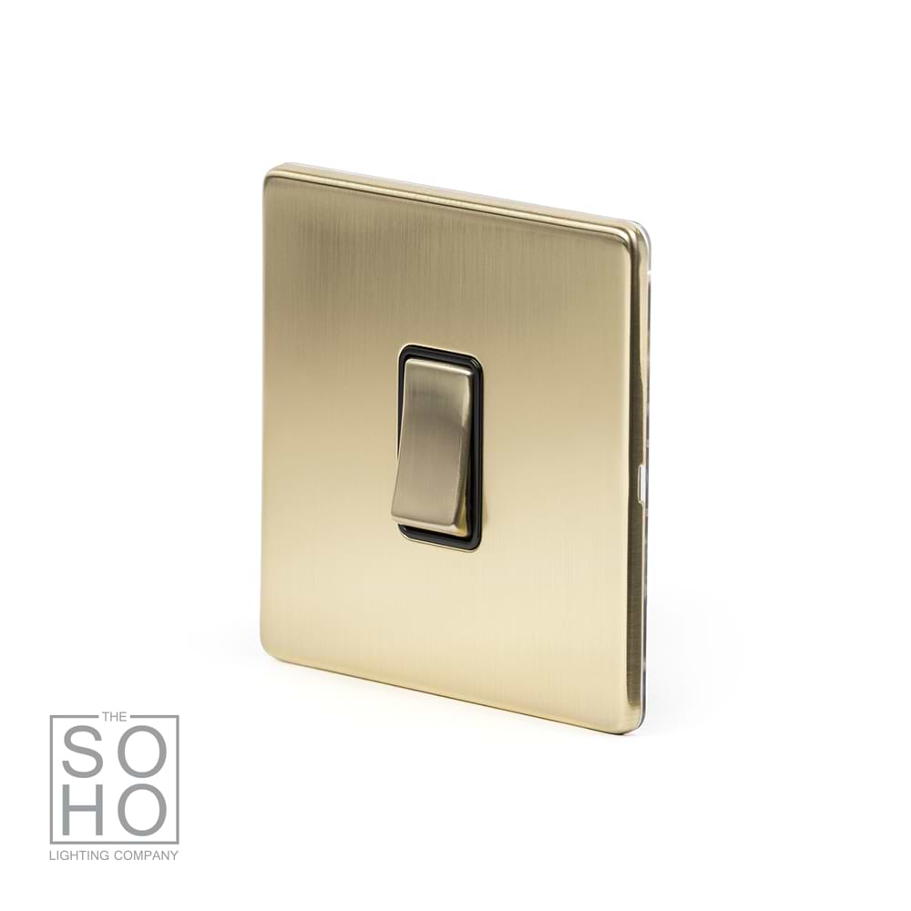 The Savoy Collection Brushed Brass 1 Gang 20A Double Pole Switch Blk Ins Screwless
