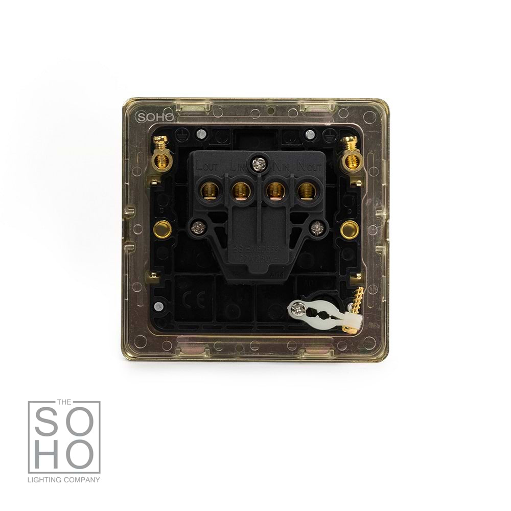 The Savoy Collection Brushed Brass 1 Gang 20A Double Pole Switch Flex Outlet Blk Ins Screwless