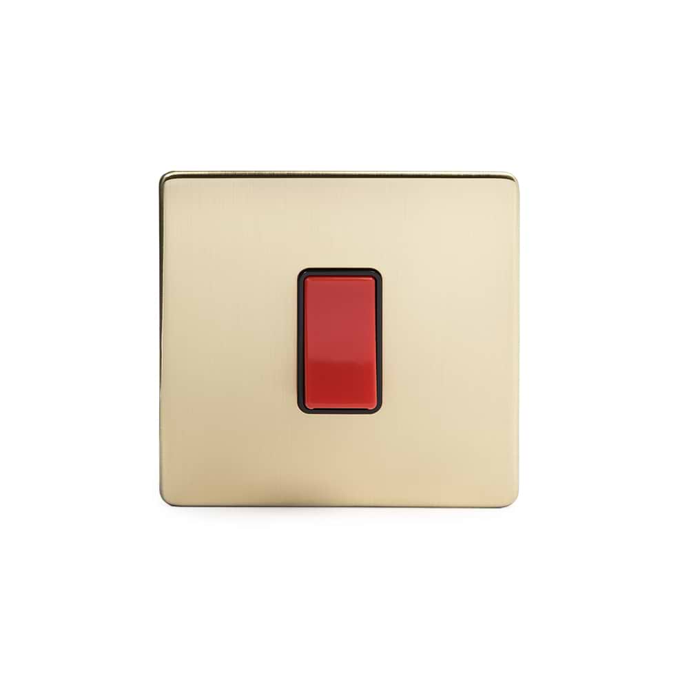 The Savoy Collection Brushed Brass 45A 1 Gang Double Pole Switch Single Plate Blk Ins Screwless