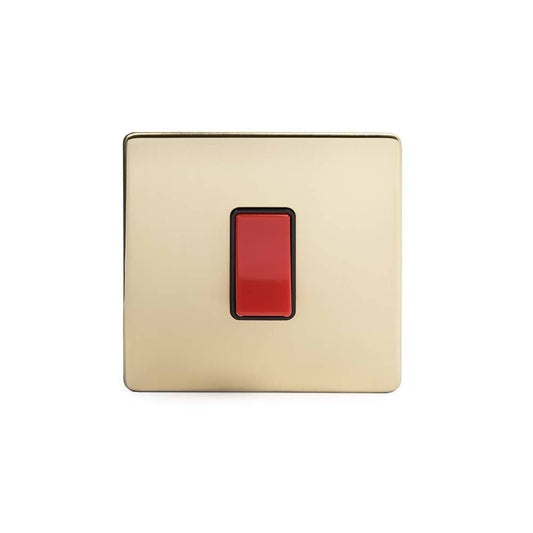The Savoy Collection Brushed Brass 45A 1 Gang Double Pole Switch Single Plate Blk Ins Screwless