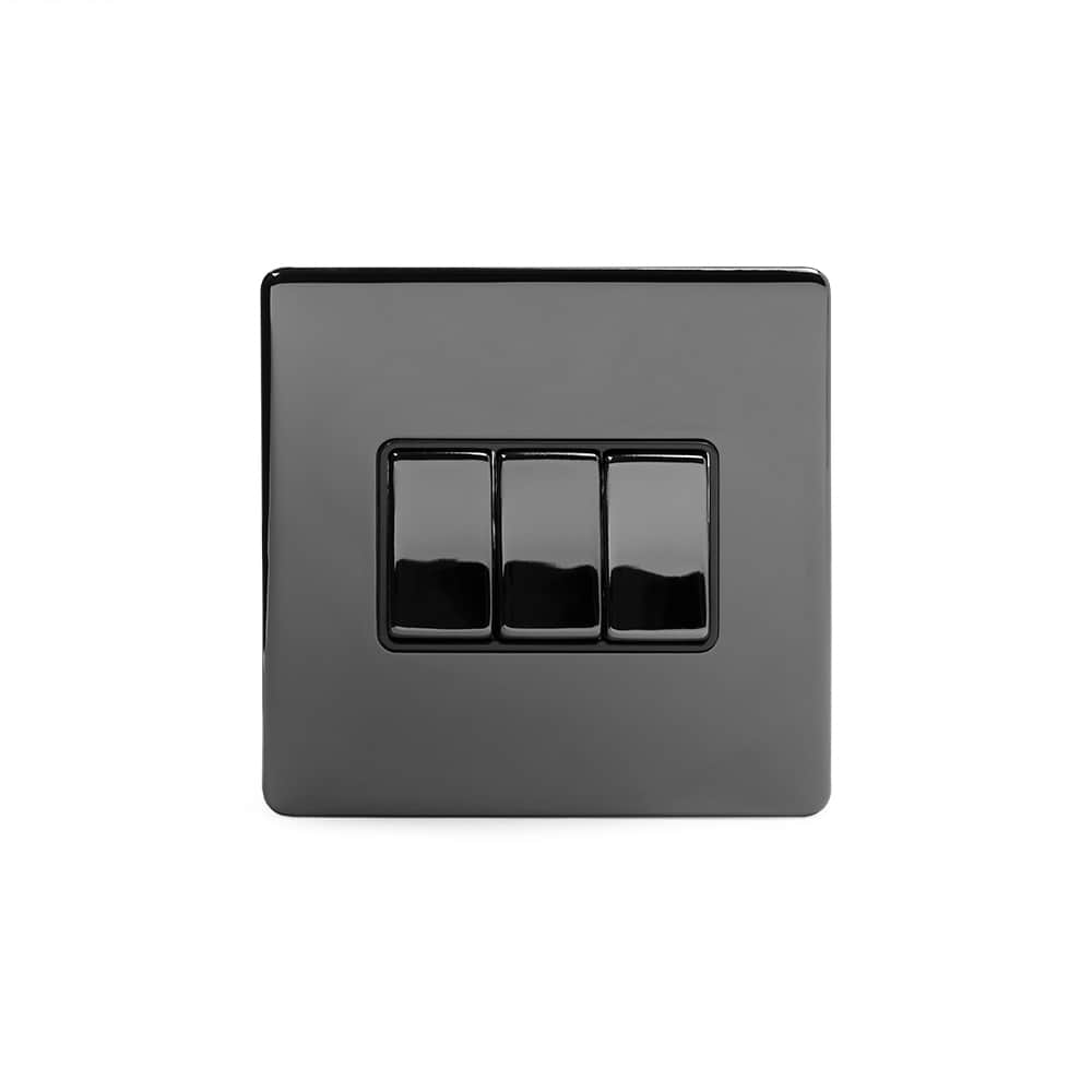 The Connaught Collection Black Nickel 3 Gang 2 Way 10A Light Switch Blk Ins Screwless