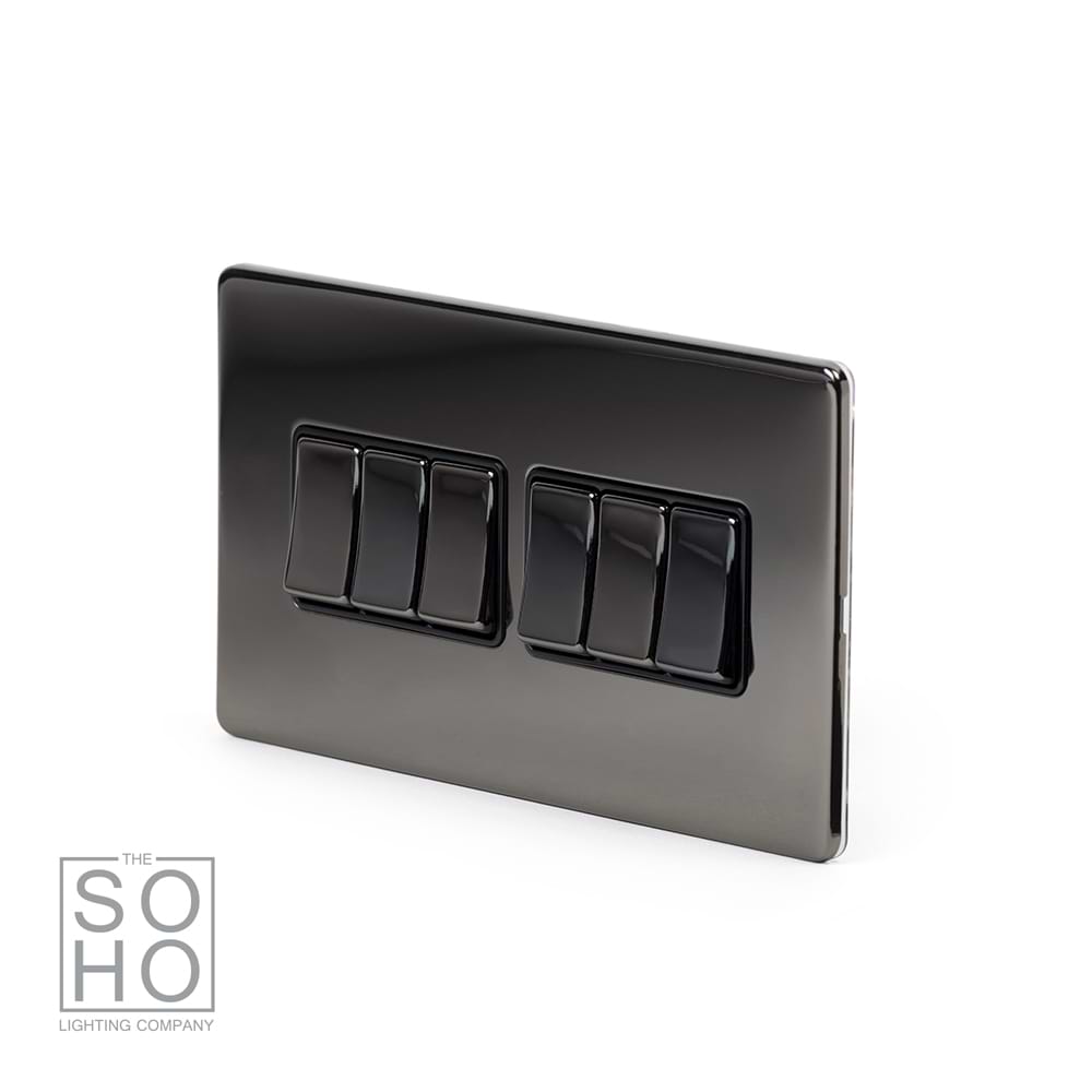 The Connaught Collection Black Nickel 6 Gang 2 Way 10A Light Switch Blk Ins Screwless