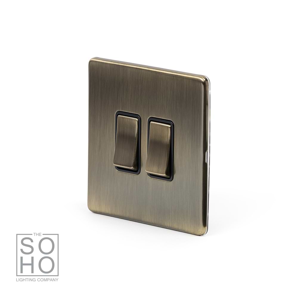 The Charterhouse Collection 2 Gang Light Switch 2-Way 10A Black Inserts Antique Brass