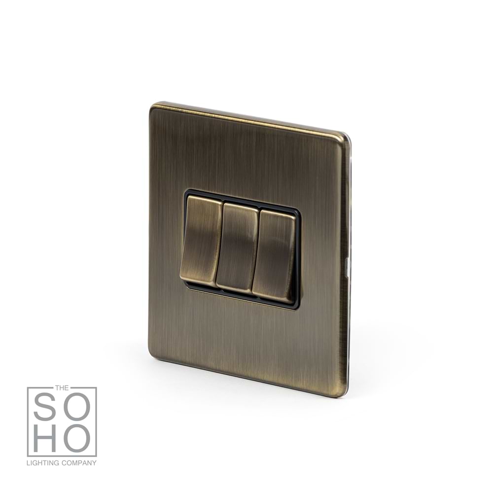 The Charterhouse Collection 3 Gang 2 Way 10A Light Switch Blk Ins Screwless Antique Brass