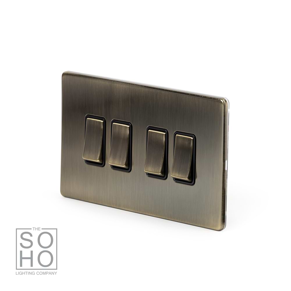 The Charterhouse Collection 4 Gang 2 Way 10A Light Switch Blk Ins Screwless Antique Brass