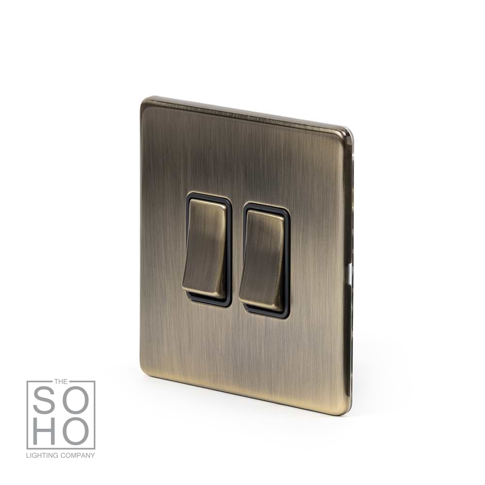The Charterhouse Collection 2 Gang Intermediate Switch Black Ins 10A Screwless Antique Brass