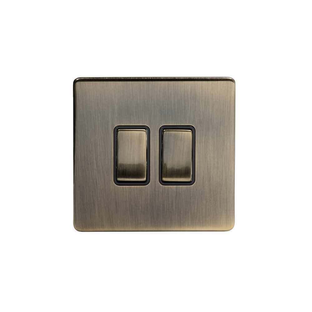 The Charterhouse Collection 2 Gang Intermediate Switch Black Ins 10A Screwless Antique Brass