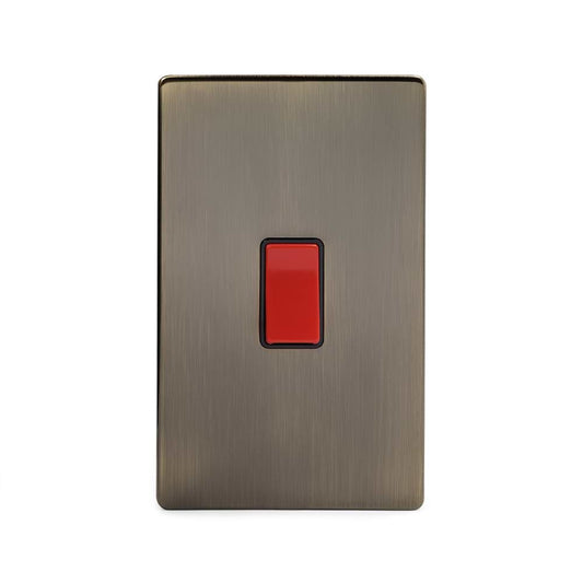 The Charterhouse Collection 45A 1 Gang Double Pole Switch Double Plate Blk Ins Screwless Antique Brass