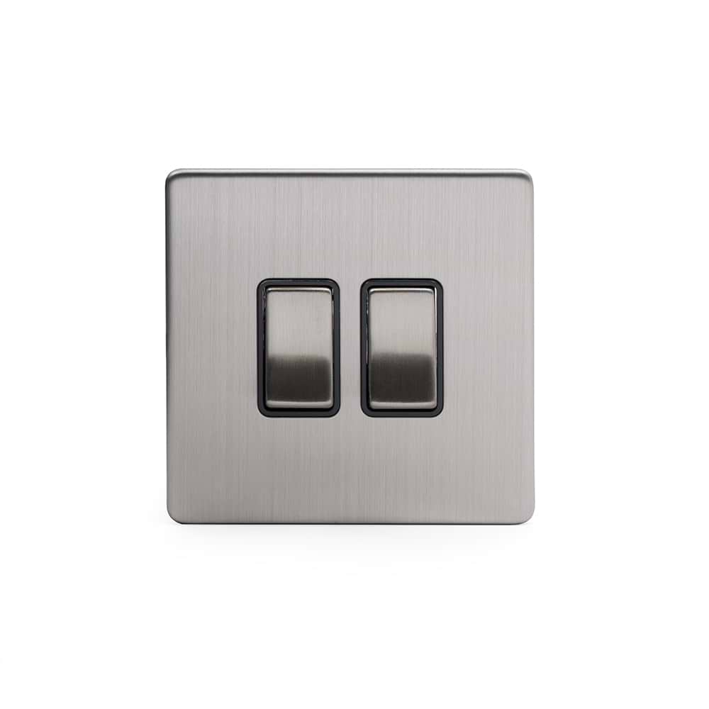 Brushed Chrome 10A 2 Gang 2 Way Switch with Black Insert Screwless