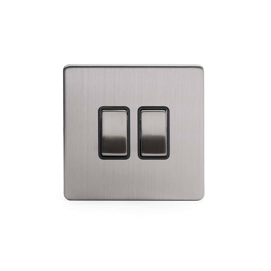 Brushed Chrome 10A 2 Gang 2 Way Switch with Black Insert Screwless