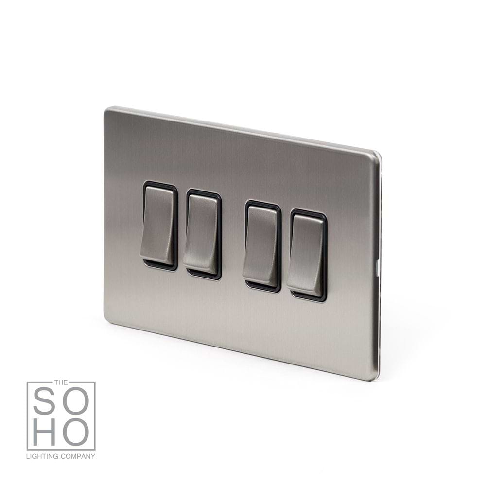 The Lombard Collection Brushed Chrome 4 Gang Intermediate switch Blk Insert Screwless