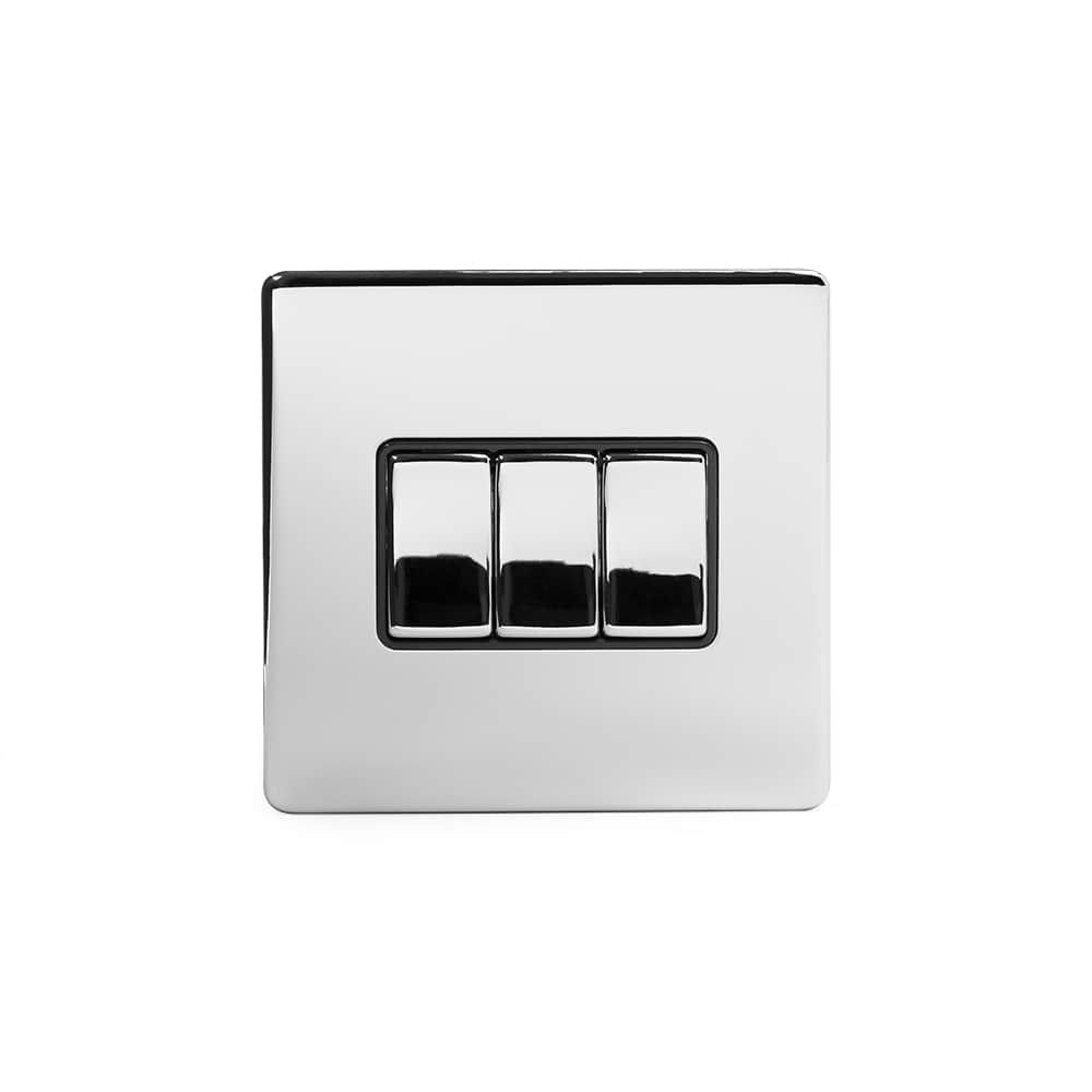 The Finsbury Collection Polished Chrome 3 Gang Intermediate switch Blk Ins Screwless