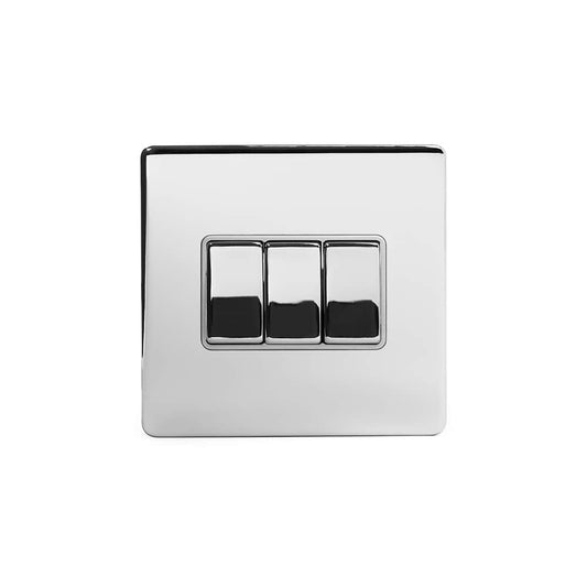 The Finsbury Collection Polished Chrome 3 Gang 2 Way 10A Light Switch Wht Ins Screwless