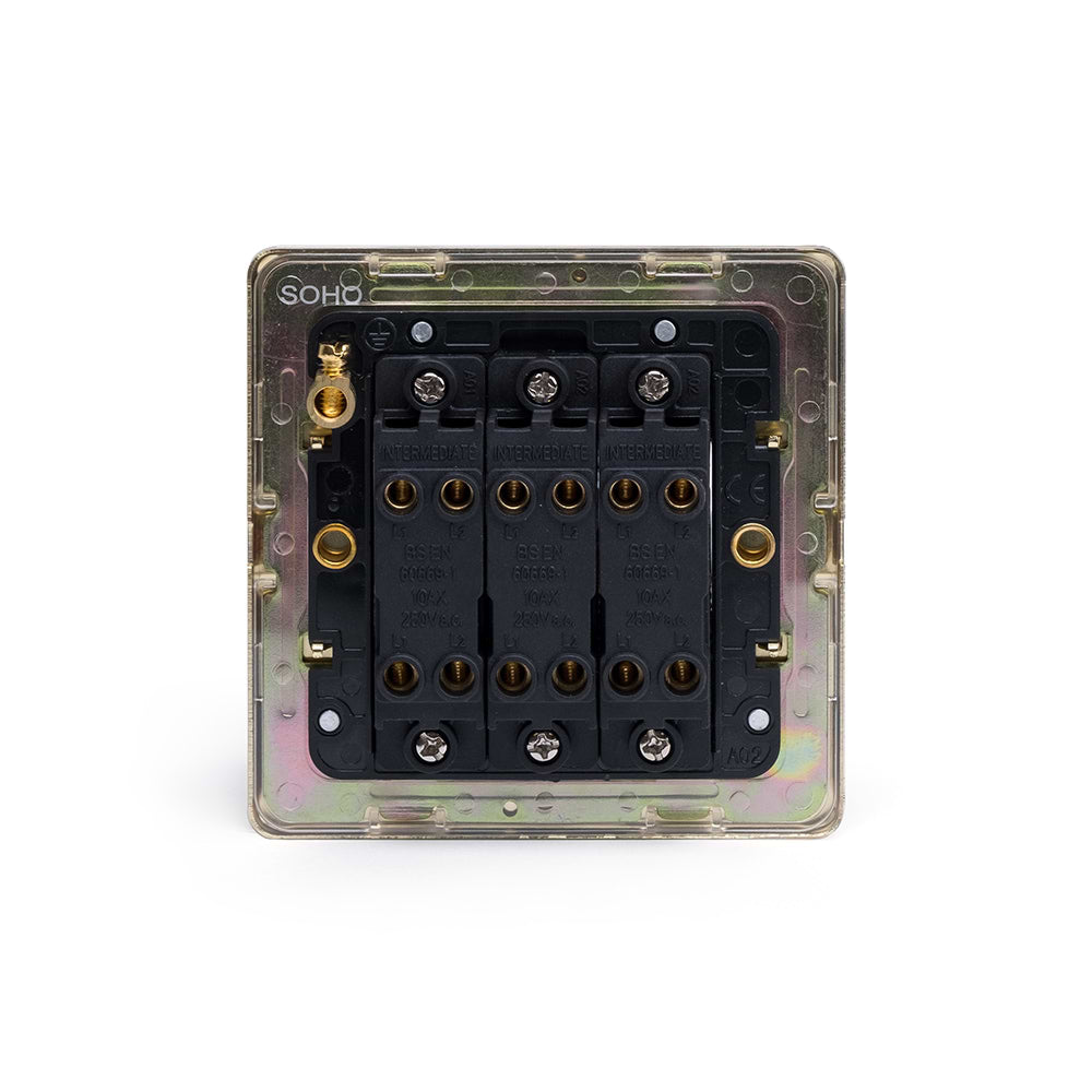 Soho Lighting Brushed Brass 3 Gang Intermediate switch Blk Ins Screwless