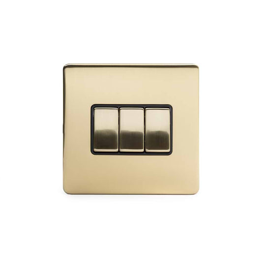 Soho Lighting Brushed Brass 3 Gang Intermediate switch Blk Ins Screwless