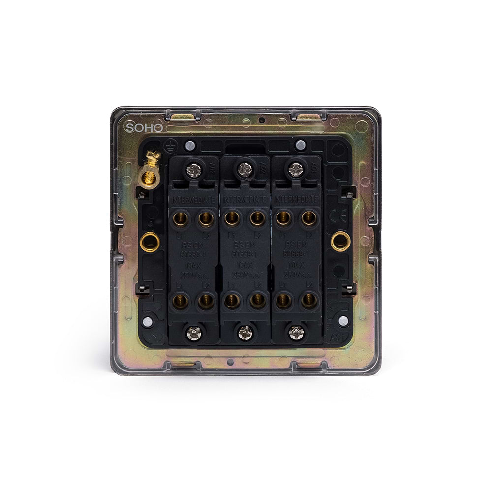 The Charterhouse Collection 3 Gang Intermediate switch blk Ins Screwless Antique Brass