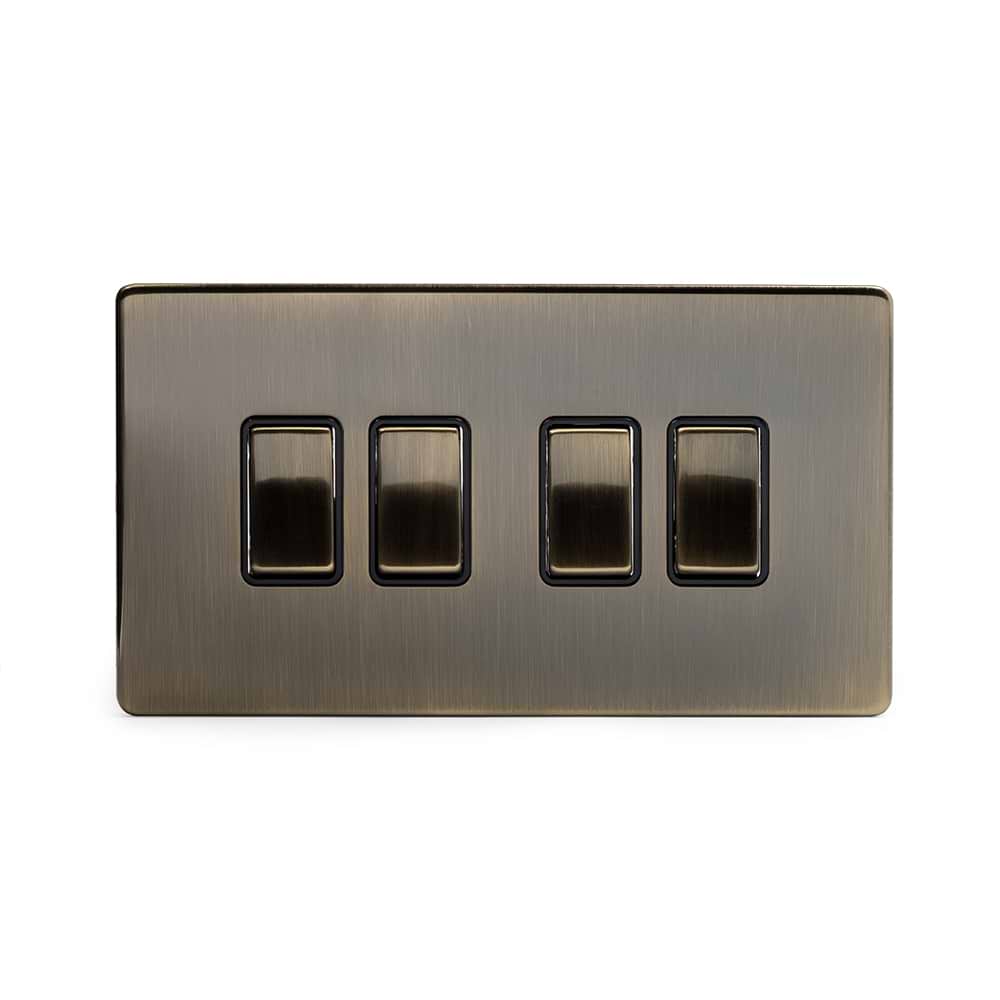 The Charterhouse Collection 4 Gang Intermediate switch Blk Ins Screwless Antique Brass