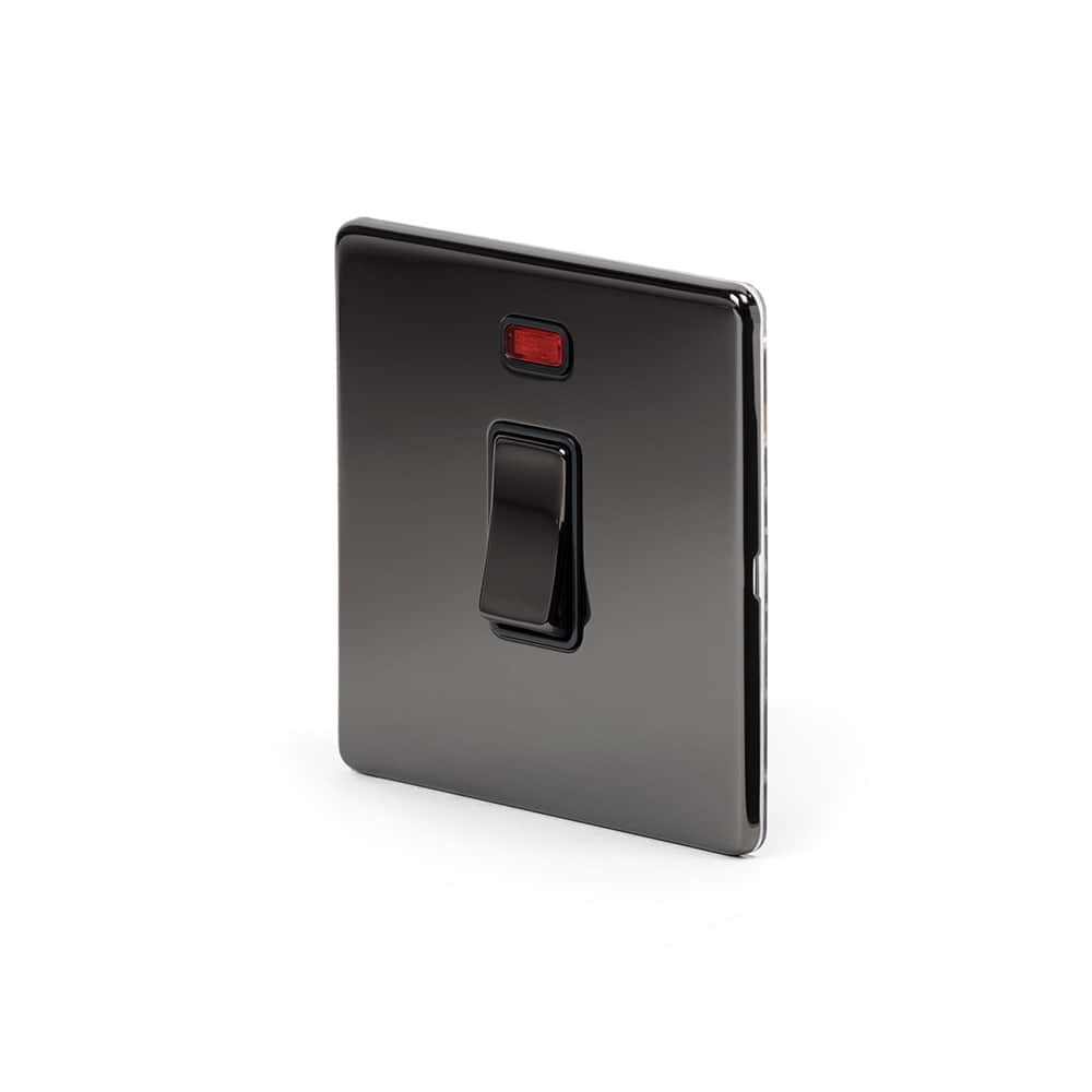 The Connaught Collection Black Nickel 20A 1 Gang Double Pole Switch With Neon Blk Ins Screwless