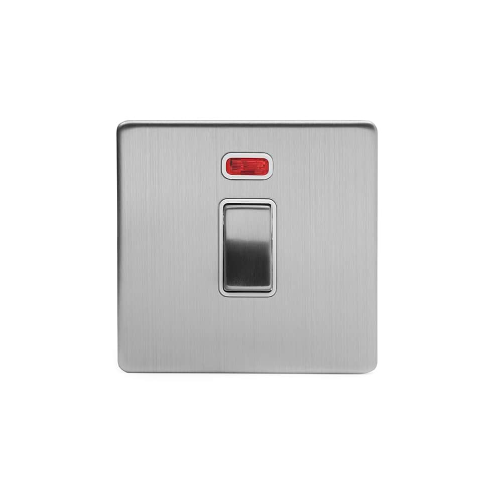 The Lombard Collection Brushed Chrome 20A 1 Gang Double Pole Switch With Neon Wht Ins Screwless