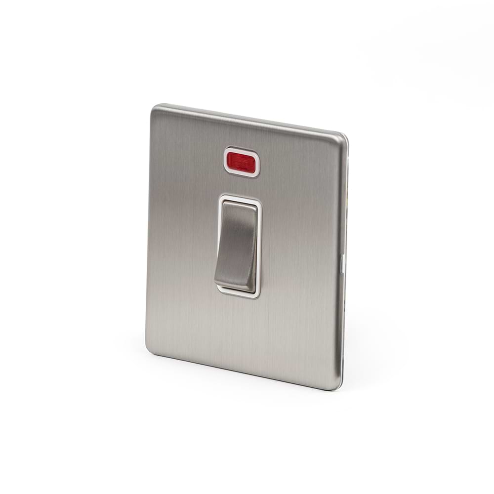 The Lombard Collection Brushed Chrome 20A 1 Gang Double Pole Switch With Neon Wht Ins Screwless