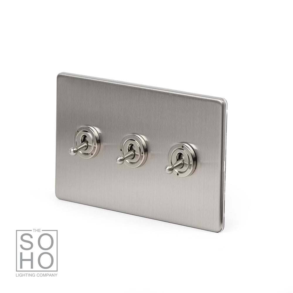 The Lombard Collection Brushed Chrome 3 Gang 2 Way Toggle Dolly Switch Screwless