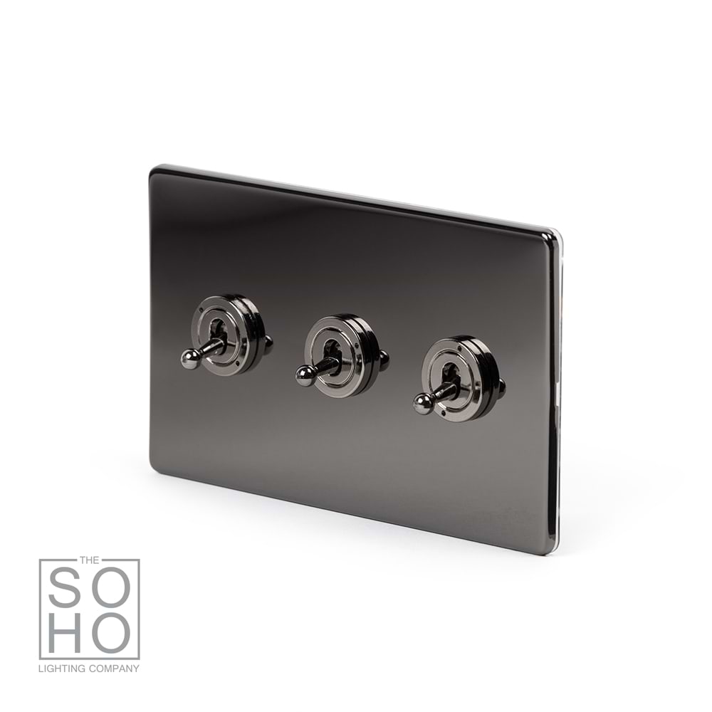 The Connaught Collection Black Nickel 3 Gang 2 Way Toggle Switch Screwless