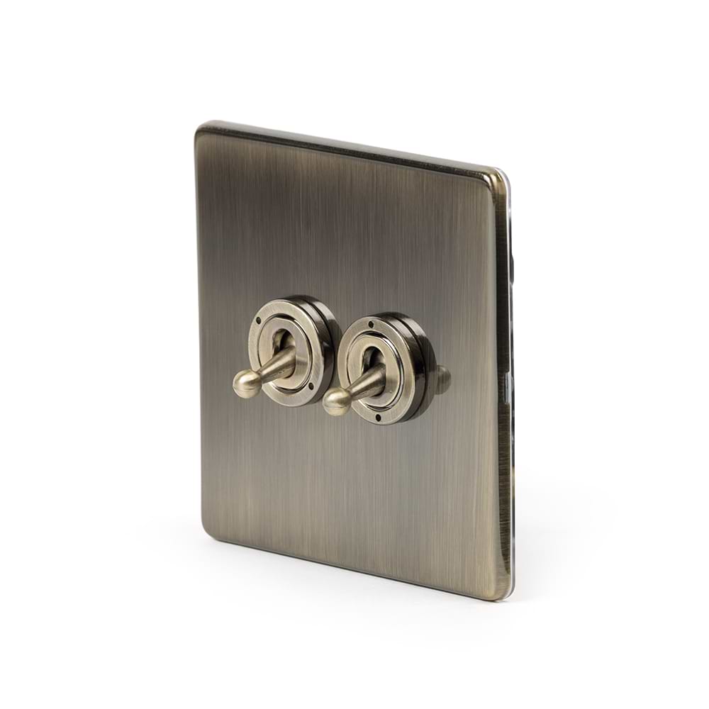 The Charterhouse Collection 2 Gang Intermediate Toggle Switch Screwless Antique Brass
